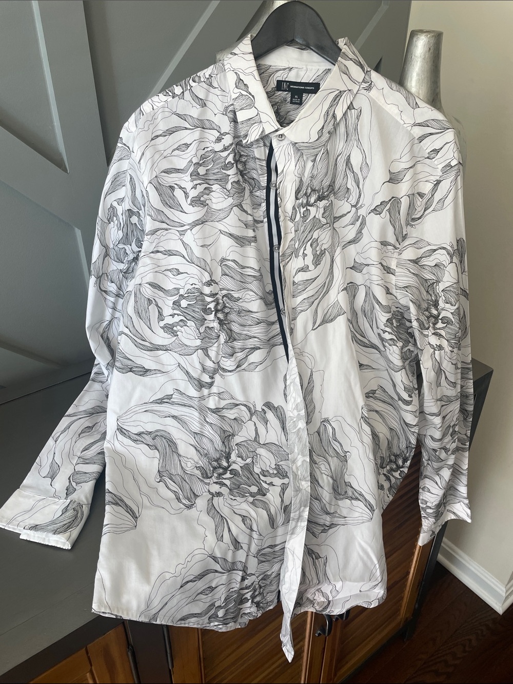 INC International Concepts White Dress Shirt with Gray Floral Print